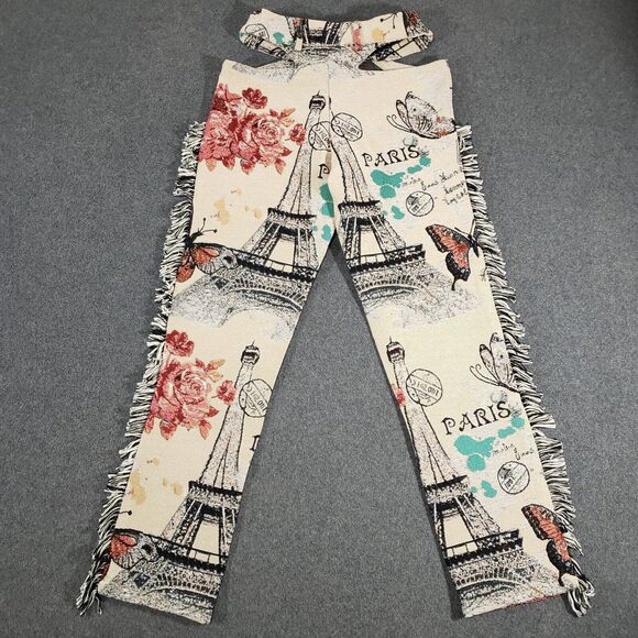 Guapi Pants Womens XS Mid Rise Fringe Edge Floral Eiffel Paris Cut Out Waist - Picture 4 of 9